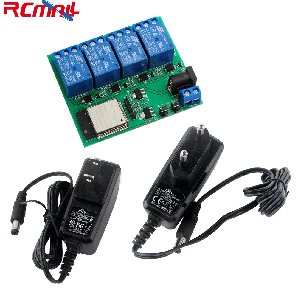 

ESP32S 4 Channel Wifi Bluetooth-compatible Relay Module IOT Phone APP Control DC6V 0.6A 600mA Power Adapter US/EU Plug