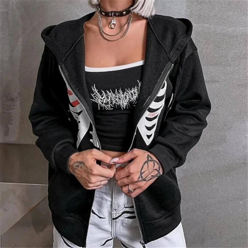 Fashion Rhinestones Der  Skeleton Print Black Y2k Goth Longsleeve