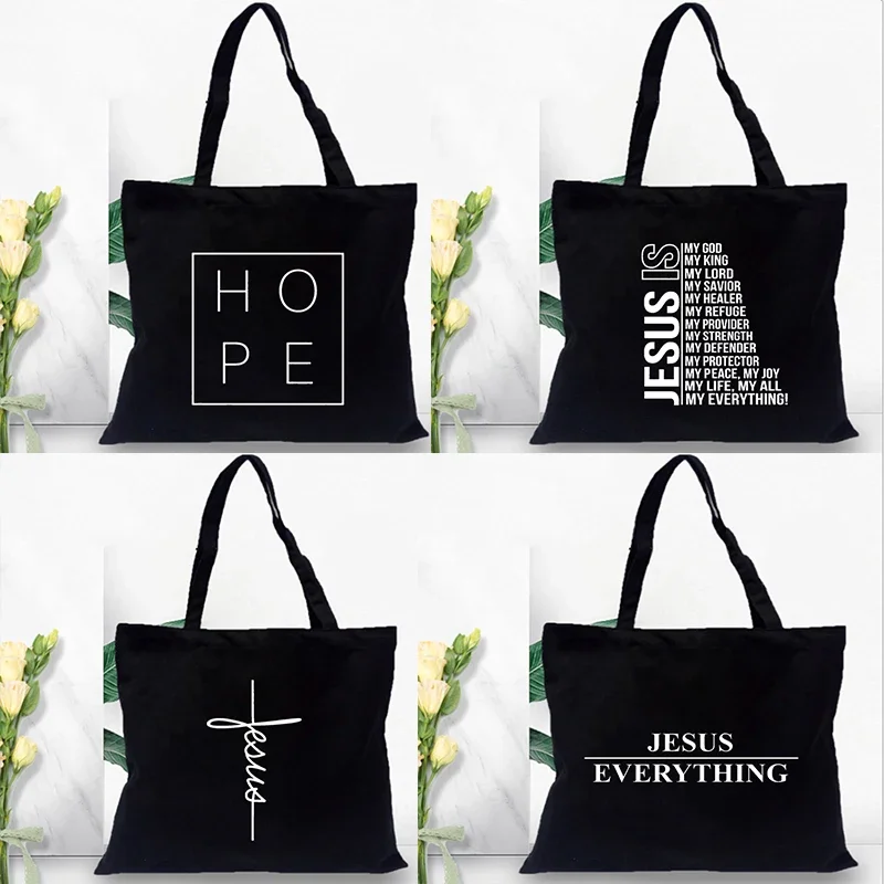 

Fashion Women Shopping Bag Canvas Tote Jesus Is My God Print Shoulder Bag Foldable Eco Reusable Christian Female Shopper Handbag