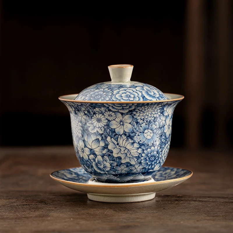 

Retro Ru Kiln Tea Tureen Ceramic Sancai Cover Bowl Tea Maker Gaiwan Can Raise Kung Fu Teaware