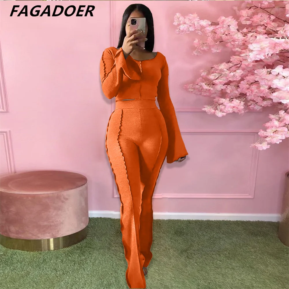 FAGADOER Patchwork Solid Women 2 Piece Set O-Neck Ruffles Sleeve Crop Tops and Slim Flare Pants Set Casual Fashion Street suits
FAGADOER Patchwork Solid Women 2 Piece Set O-Neck Ruffles Sleeve Crop Tops and Slim Flare Pants Set Casual Fashion Street suits