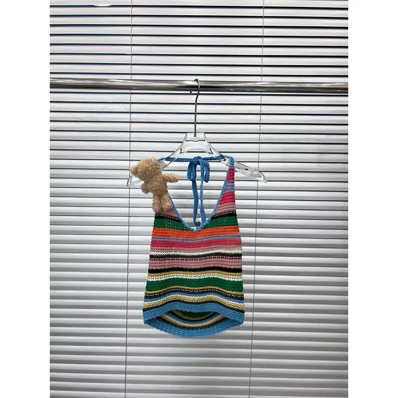 

2024 summer new color striped three-dimensional bear decorative neck knit vest short outer wear top