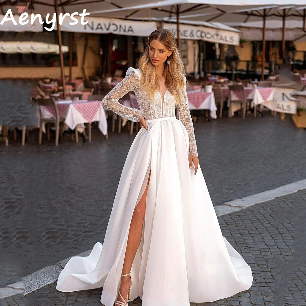 

Aenyrst Long Sleeves A Line Wedding Dresses Sequined Beading Side Split Court Train Bridemaid Boho Gowns Elegant Robe De Mariée