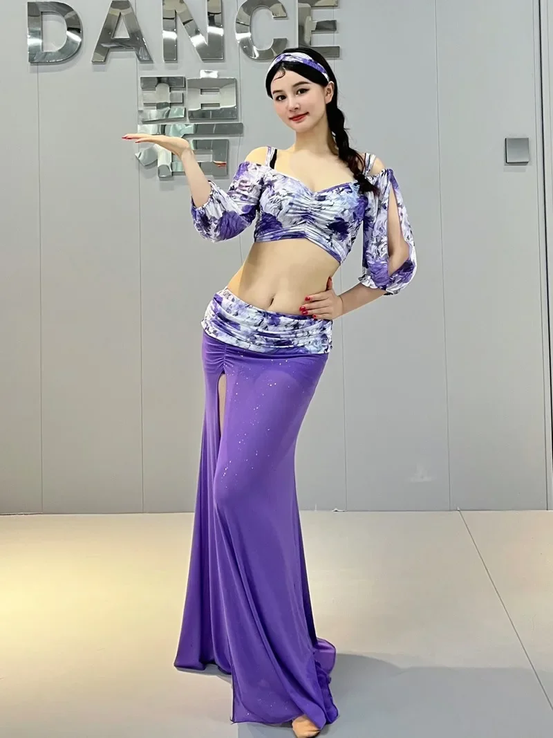 

Women's Costume Fantasia Bellydance Outfit Sexy Gauze Long Sleeve Top Print Side Slit Skirt Professional Dancewear Oriental New
