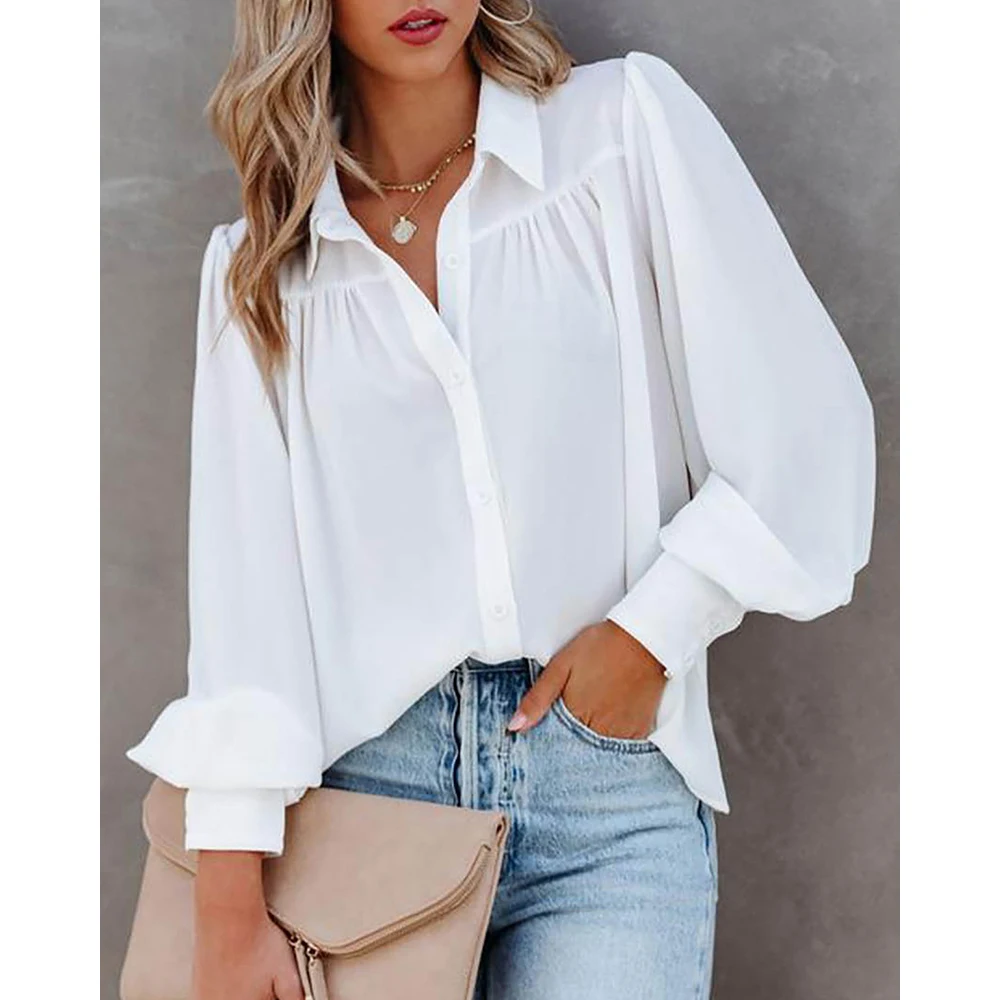 

2023 Lantern Sleeve Ruched Buttoned Shirt Turn Down Collar Long Sleeve Solid Autumn Tops Casual Workwear Blouse Clothes Female