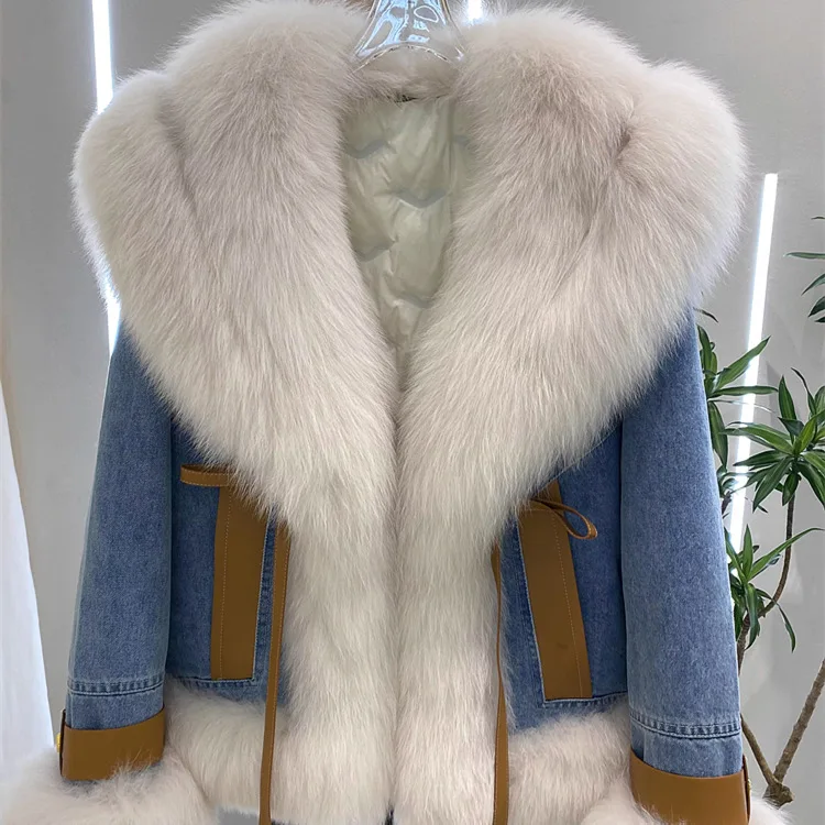 

2024 Haining Fur Winter New Denim Pie Overcoming Goose Down Coat Fox Fur Navy Collar Fur