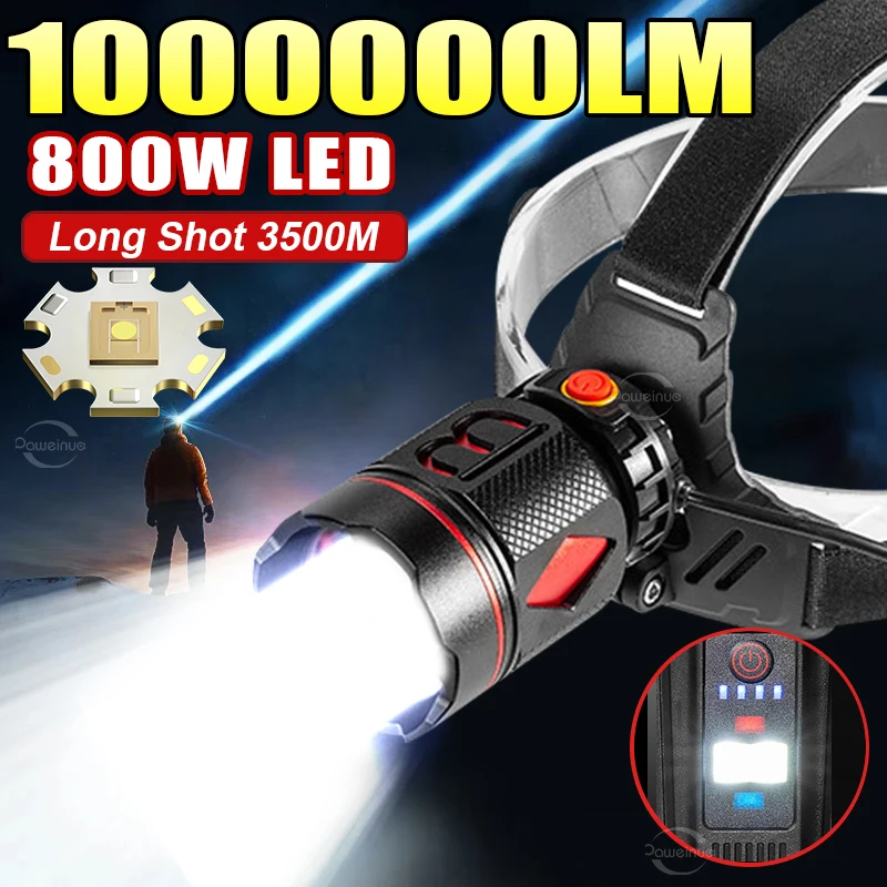 10000000LM Ultra Powerful Rechargeable Headlamp 800W High Power LED Headlight Flashlight 3500M Camping Fishing Head Lamp Lantern
10000000LM Ultra Powerful Rechargeable Headlamp 800W High Power LED Headlight Flashlight 3500M Camping Fishing Head Lamp Lantern