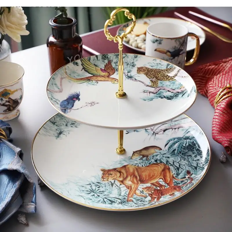 

Бытовая Посуда, десертная тарелка, двухслойная позолоченная тарелка в виде животных джунглей, поднос из Китая, украшение для послеобеденного чая, свадьбы, подставка для торта