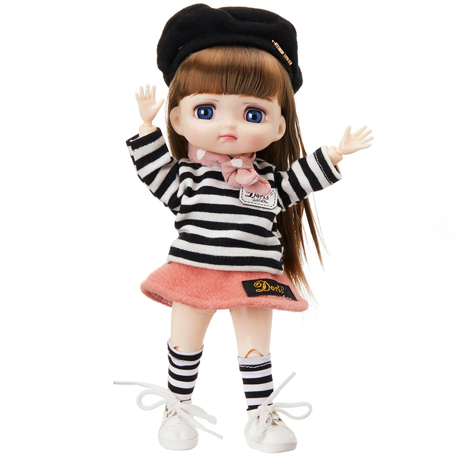

22.5cm Cute Girl Doll Toys Cool Black Stripes Fashion Wear Doll Movable Joint Body Big Eyes Bjd Toys Gift for Kids Make Up