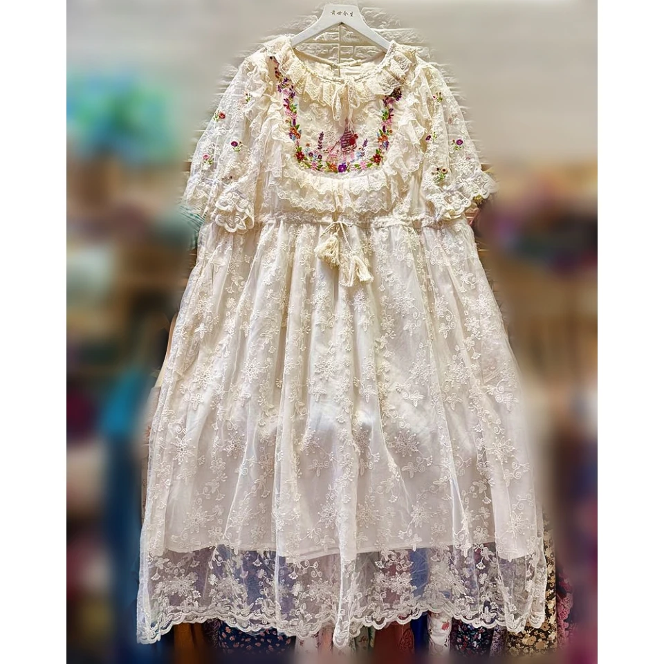 

Female Rococo Lace Embroidery Long Midi White Dress Cottage Victorian Edwardian Ruffled Vintage Retro Chic Wedding Tunic Dress