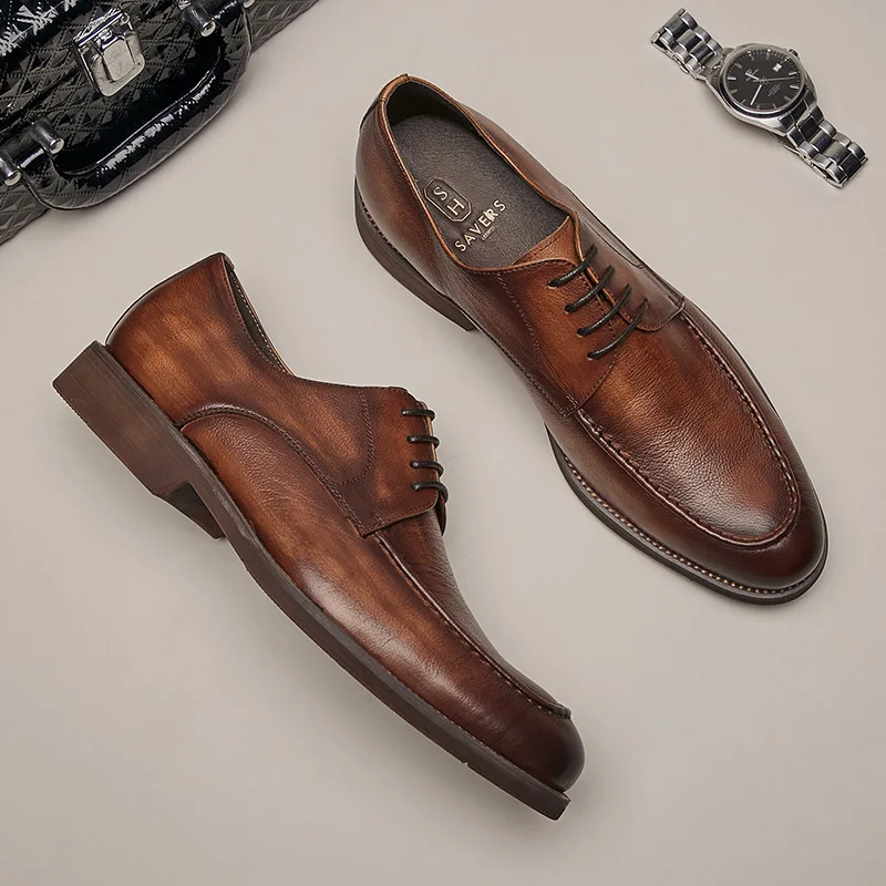 

Men Classic Derby Shoes Handmade High Quality Leather Round Toe Splicing Wing Tip Lace Up Fashion Casual Daily Dress Shoes AC079
