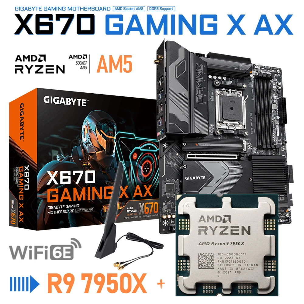 AMD Ryzen 9 7950X Socket AM5 Gigabyte AM5 CPU Set X670 GAMING X AX Mainboard with antenna WIFI DDR5 32GB ATX 128GB PCIE 5.0 M.2
AMD Ryzen 9 7950X Socket AM5 Gigabyte AM5 CPU Set X670 GAMING X AX Mainboard with antenna WIFI DDR5 32GB ATX 128GB PCIE 5.0 M.2