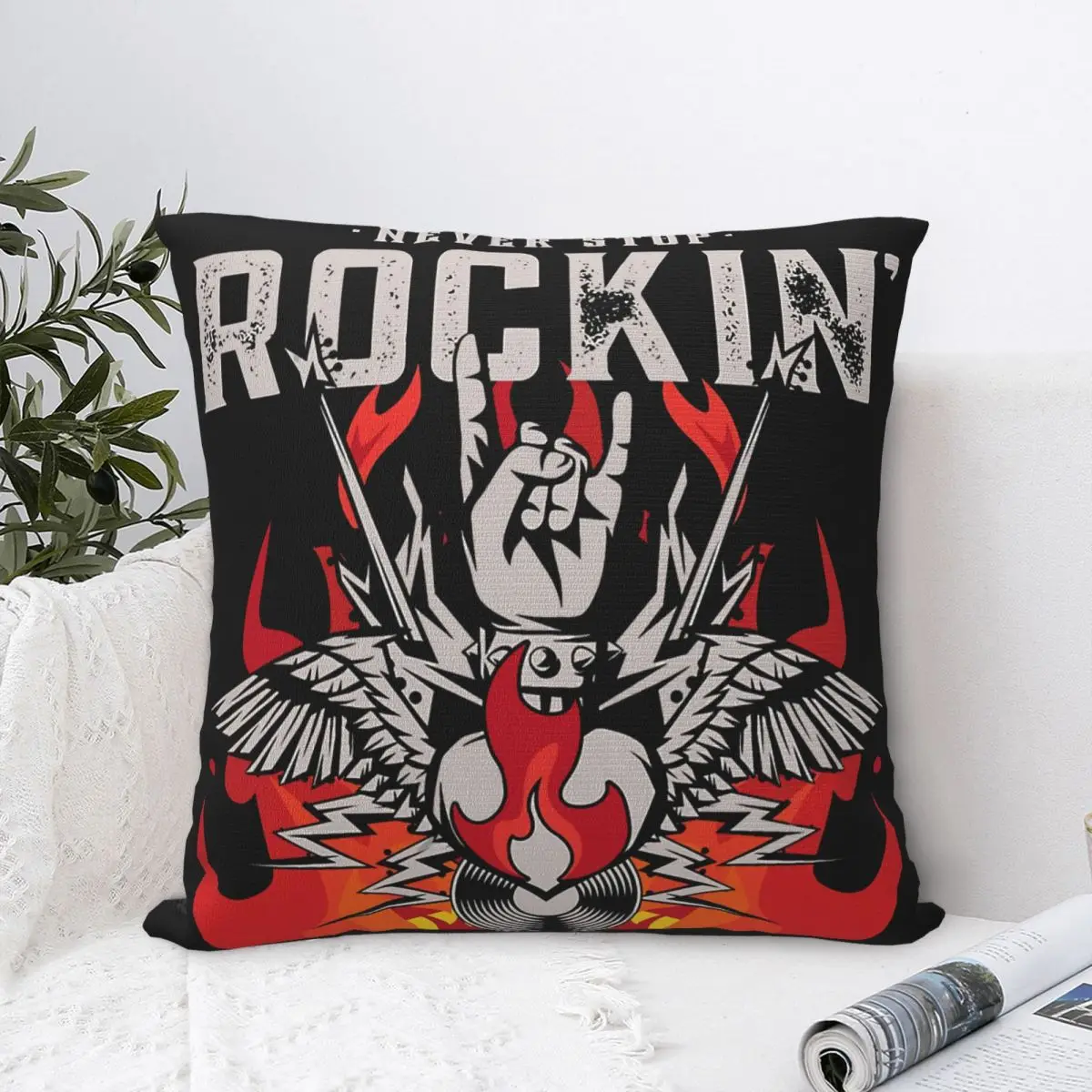 

Never Stop Rockin Throw Pillow Case Music Art Backpack Coussin Case DIY Printed Reusable For Chair Decor