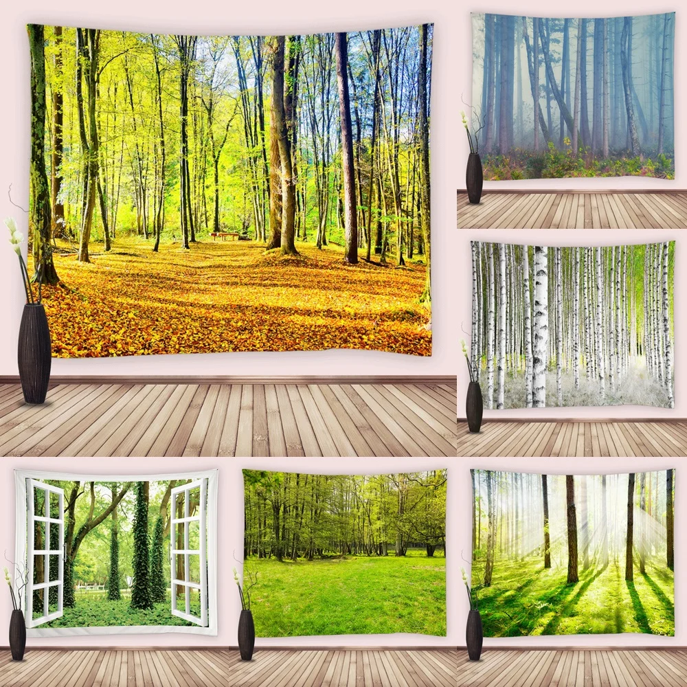 

Sunshine Nature Misty Foggy Forest Tapestry For Bedroom Aesthetic Trees Jungle Woodland Green Plant Tapestries Living Room Decor