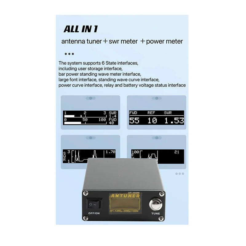 Universal 1.8MHz-30MHz ATU-100 ATU-100M 100W QRP Antenna Auto Tuner+SWR Meter 2 in 1 for HF Radio USDX G1M FT-818 817
Universal 1.8MHz-30MHz ATU-100 ATU-100M 100W QRP Antenna Auto Tuner+SWR Meter 2 in 1 for HF Radio USDX G1M FT-818 817