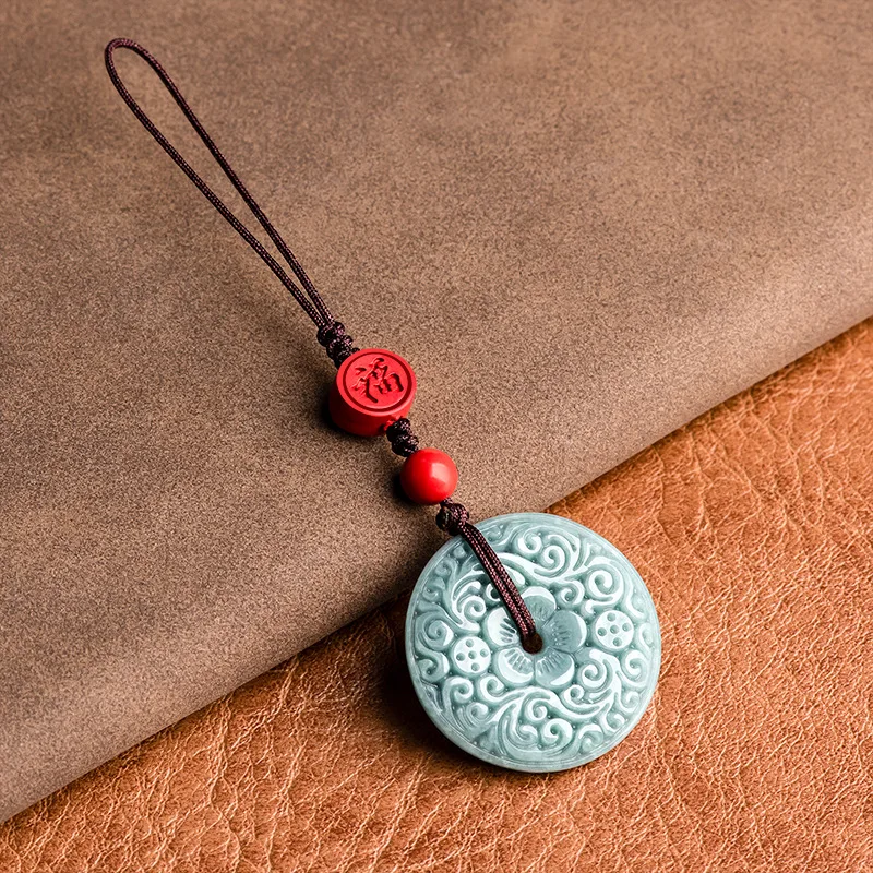 

Blue Myanmar Jadeite Flower Keychain Natural Burmese Jade Lanyard Phone Charm Real Jewelry Emerald key holder Gift Fashion