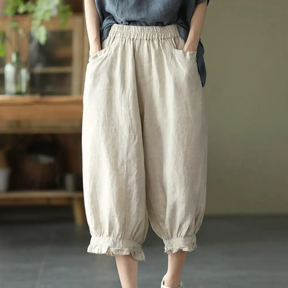 

Women Harem Pants High Elastic Waist Loose Soft Breathable Mid-calf Length Retro Casual Lady Summer Spring Cropped Trousers