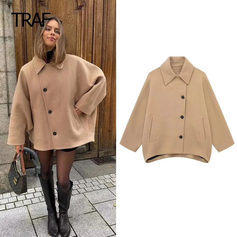 

TRAF Tweed Cropped Coat Women Bomber Jacket Autumn Winter Wool Coats & Mix Long Sleeve Top New In Outerwear Chic Elegant Jacket