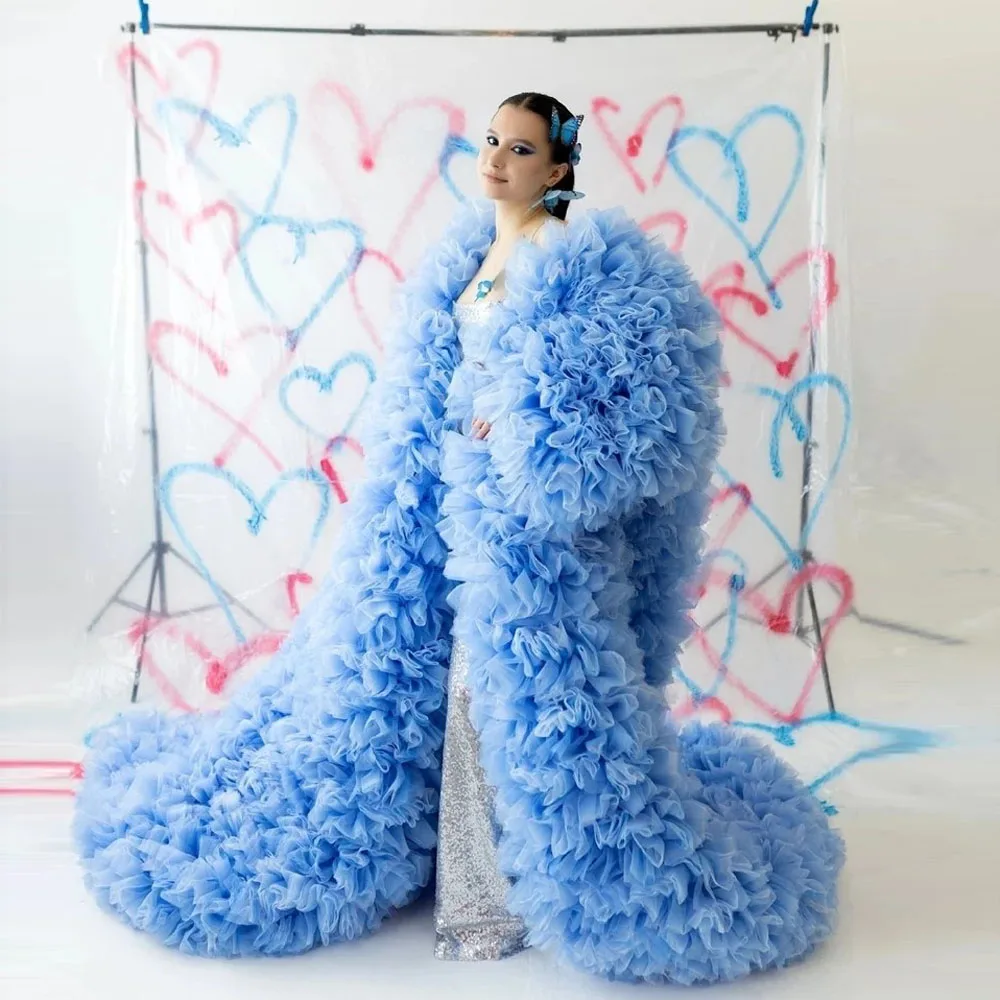 

Sky Blue Voluminous Tutu Tulle Long Women Jackets Fully Tiered Tulle Full Sleeves Female Jacket Vest Long Robe Outwear Outfit