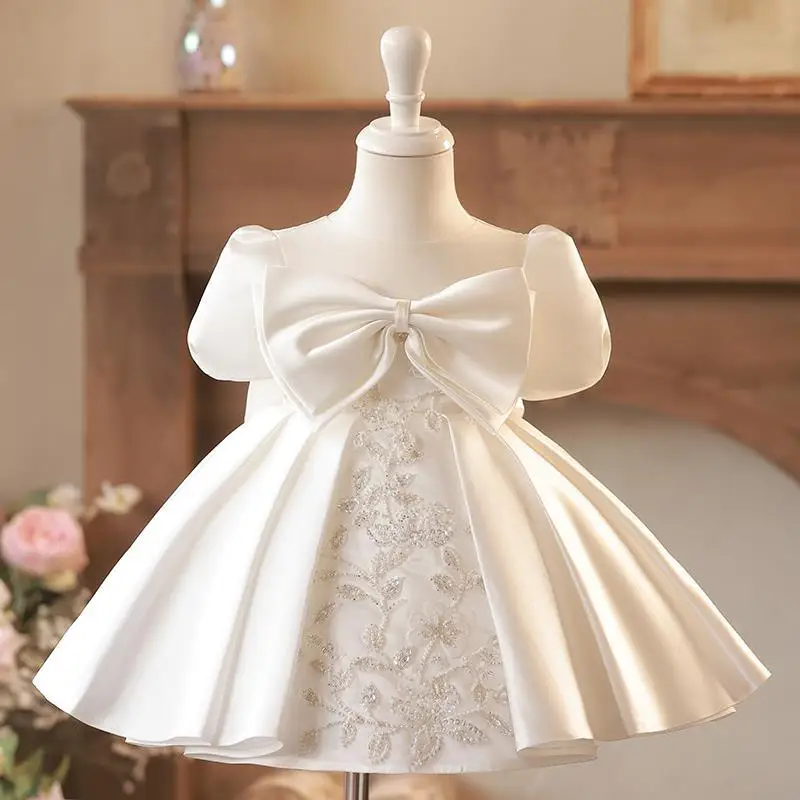 

New Baby Girl Princess Satin Dress Beading Infant Toddler Teen Vintage Vestido Party Pageant Birthday Frocks Clothes 1-12T