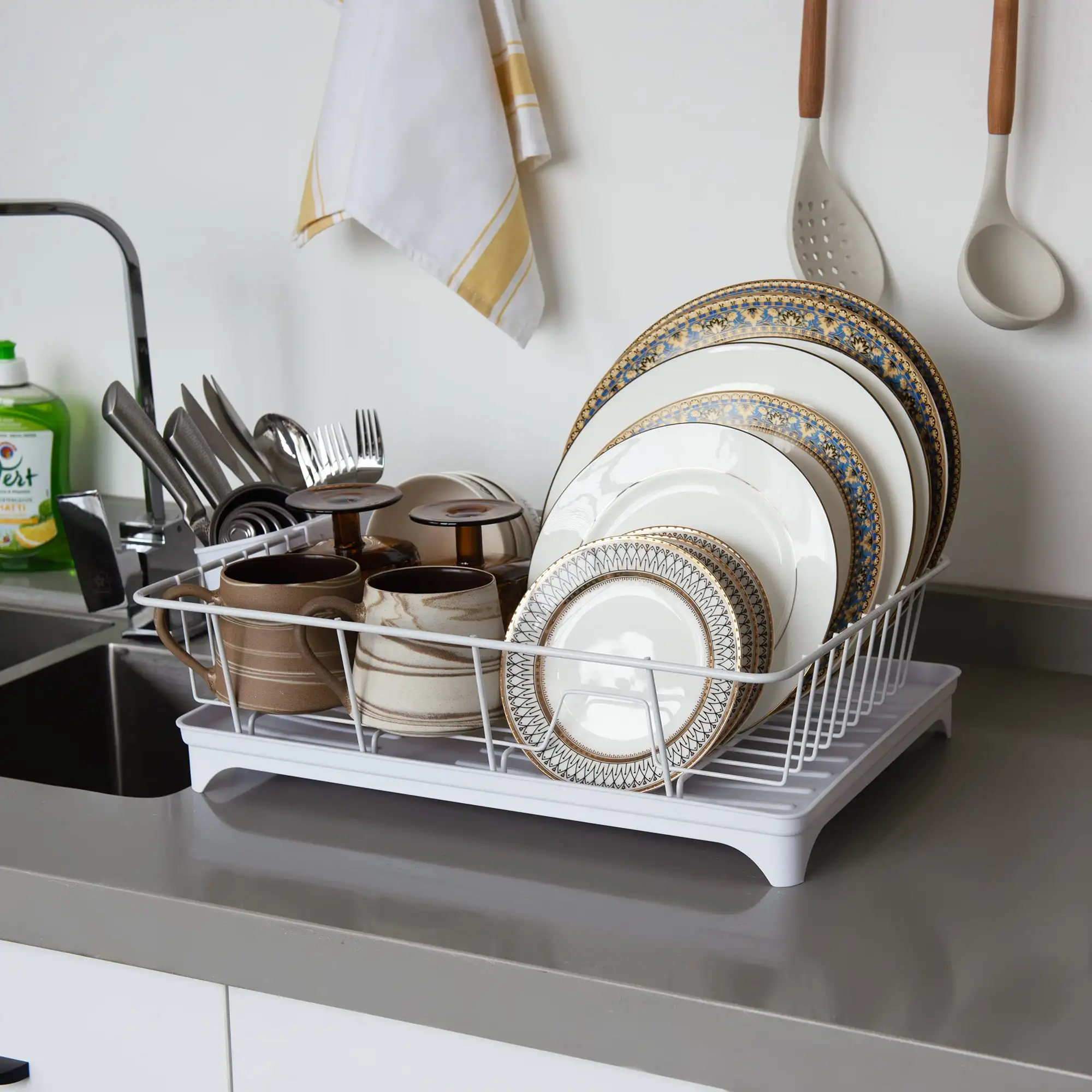 Dish Drying Rack, Steel Dish Drainer with Utensil Holder, Kitchen Counter top Organizer with Drying Tray, White
Dish Drying Rack, Steel Dish Drainer with Utensil Holder, Kitchen Counter top Organizer with Drying Tray, White