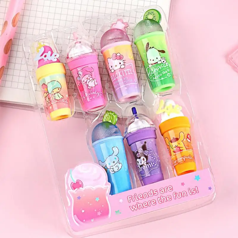 

7Pcs Set Sanrio Hello Kitty My Melody Pen Cap Eraser Kawaii Summer Drink Styling Eraser Student Stationery Supplies Kid Gifts