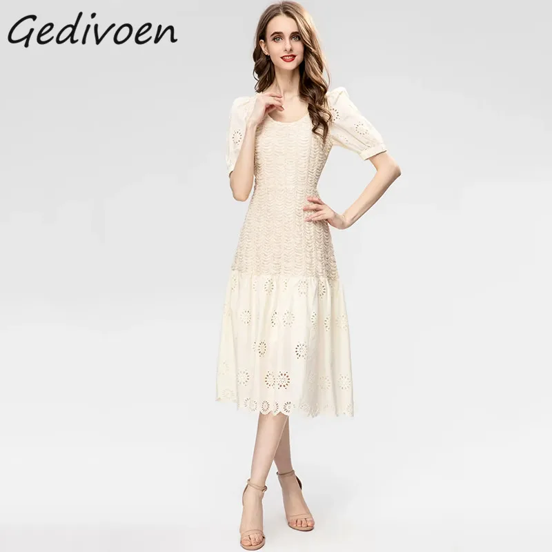Gedivoen Summer Fashion Designer Mesh Dress Women's O-Neck Short Sleeve Ruched Embroidery Hollow Out Vintage Beige Midi Dresses
Gedivoen Summer Fashion Designer Mesh Dress Women's O-Neck Short Sleeve Ruched Embroidery Hollow Out Vintage Beige Midi Dresses