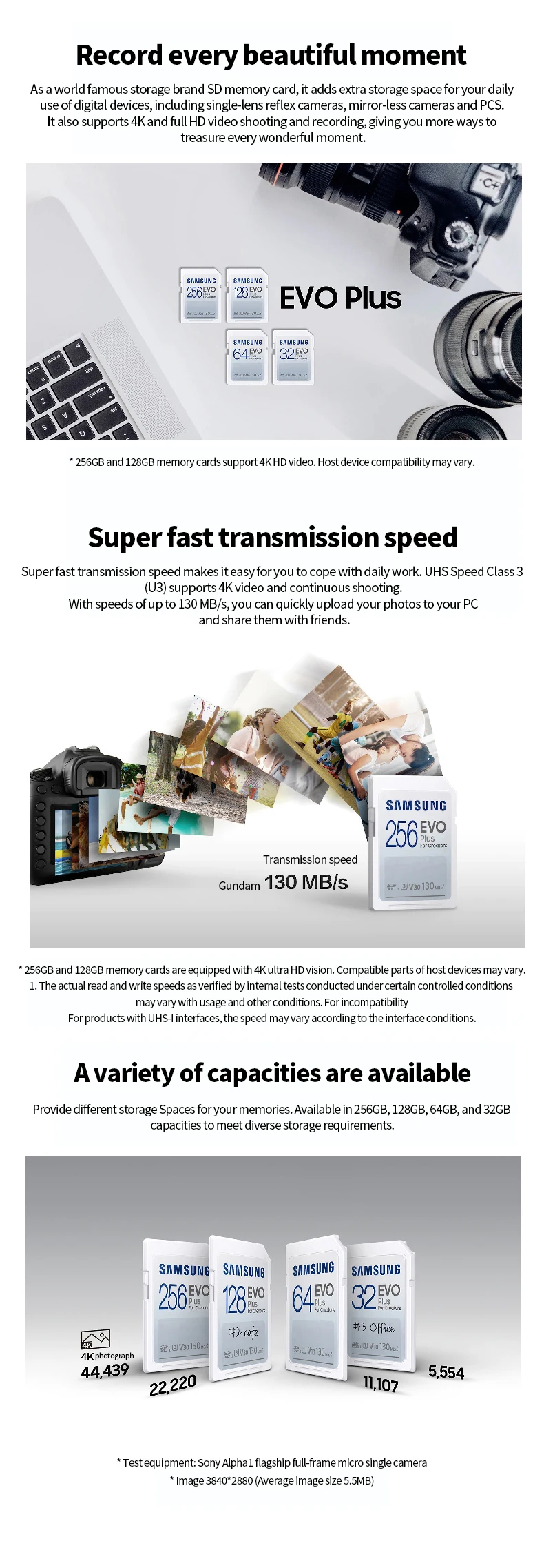 Cartão SD Samsung Evo Plus V30, U3, U1 130MBps : 32GB - 64GB - 128GB - 256GB Cartão SD Samsung Evo Plus V30, U3, U1 130MBps : 32GB - 64GB - 128GB - 256GB