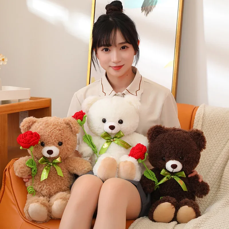 

40CM Lovely Teddy Bear Holding Sunflower Rose Plush Toy Soft Plushie Bow Bear Doll Toys for Kids Girls Birthday Valentine Gift