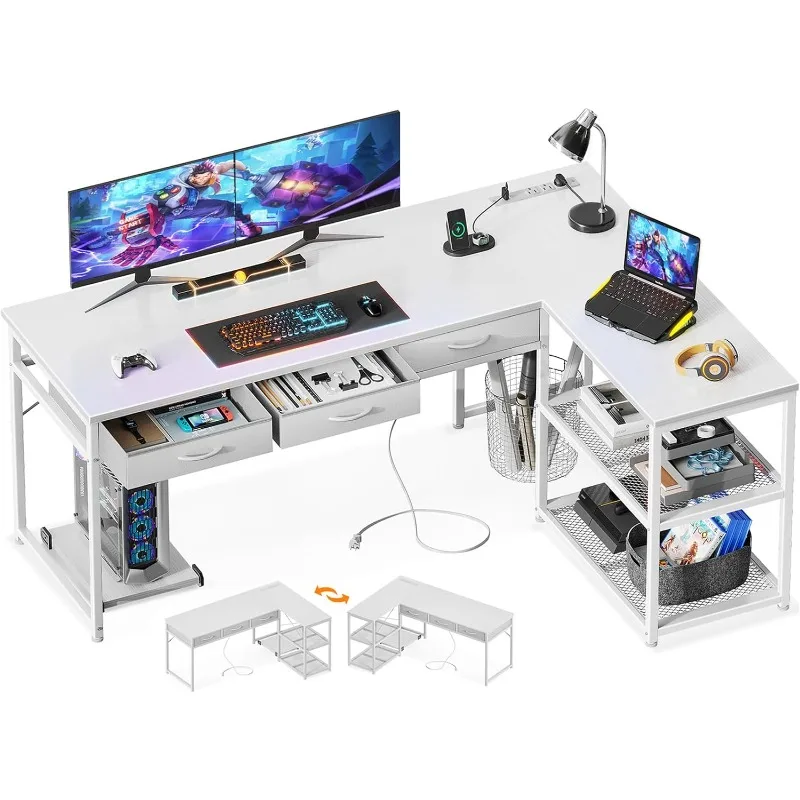 

61 Inch L Shaped Computer Desk with Fabric Drawers, Corner Desk with Power Outlets & Movable CPU Stand, Reversible Storage