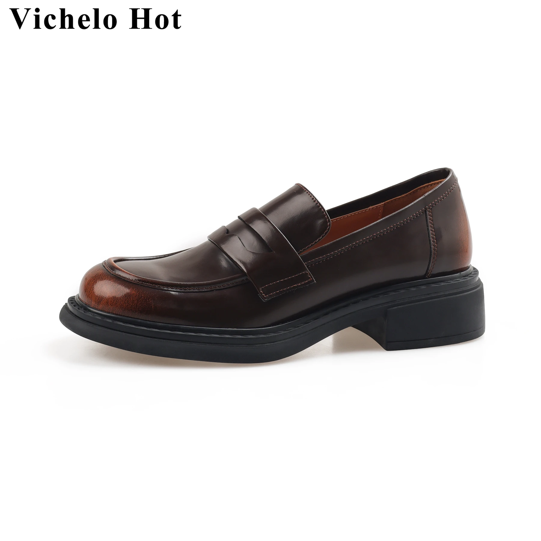 

Vichelo Hot 2024 Fashion Cow Leather Round Toe Med Heels Spring Shoes Mature Vintage Loafers Classics Slip On Brand Women Pumps
