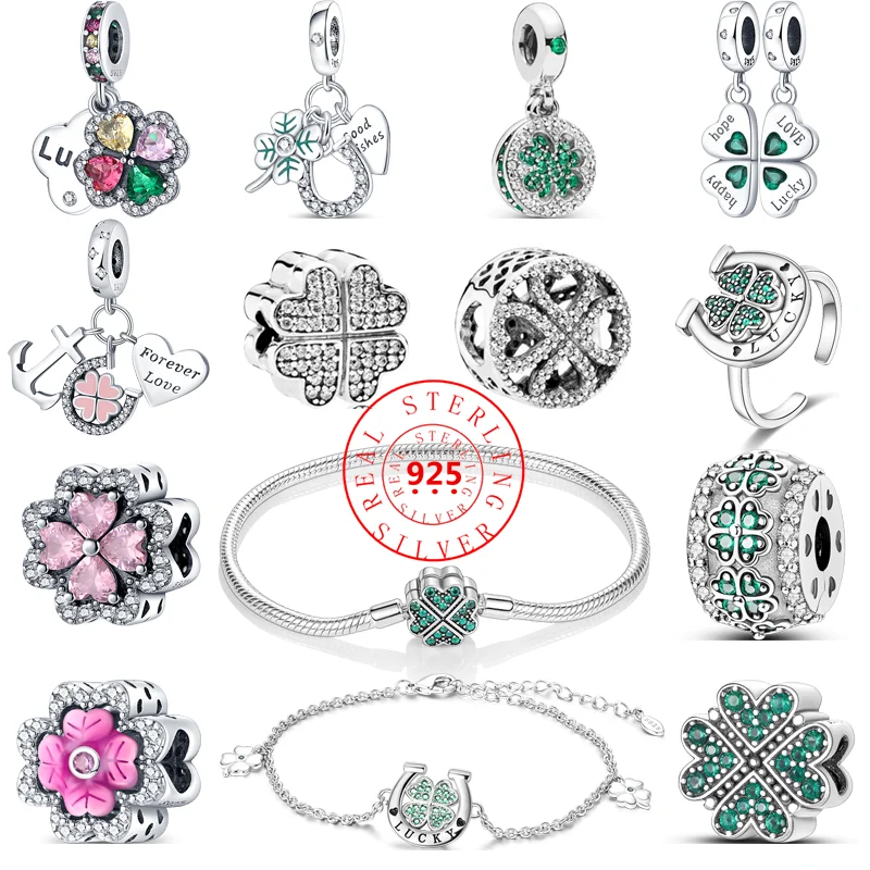 

925 Silver Four Leaf Clover Series Heart Shaped Lucky Pendant Sparkling Love Beads Fit Original Pandora Charms Bracelet Jewelry