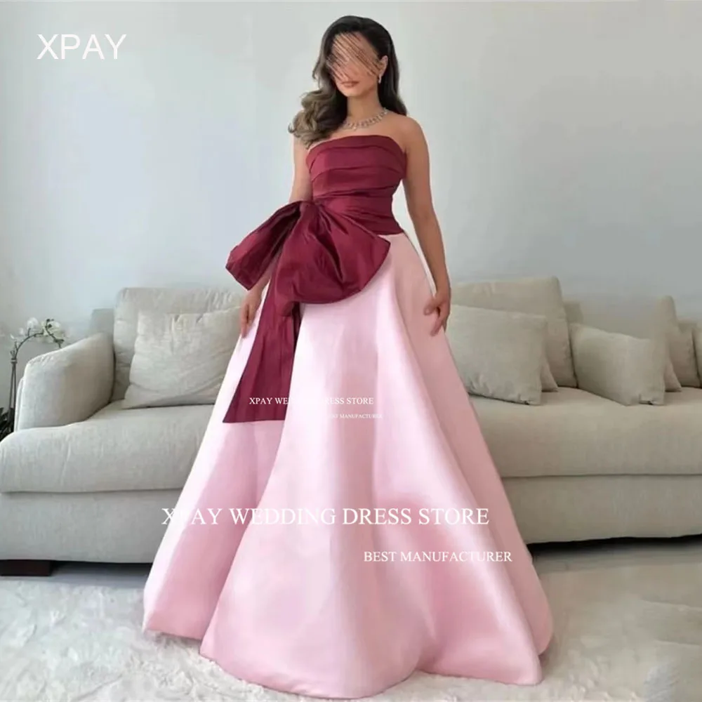 

XPAY Elegant Contrast Color Evening Dresses Shiny Satin Strapless Pleats Red Pink Prom Gowns Long Floor Length Party Dress