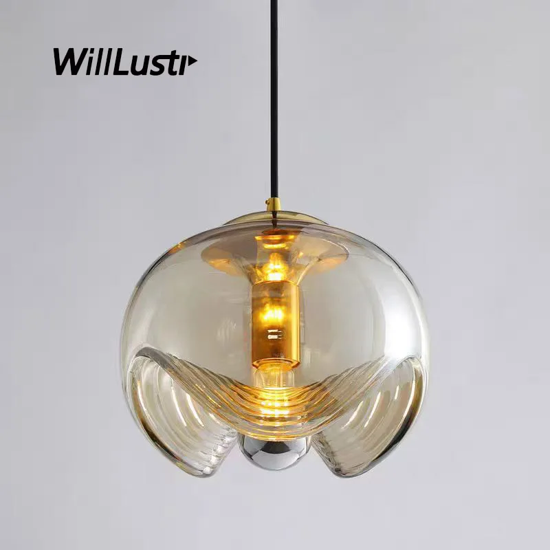 

Reeded Glass Pendant Lamp Amber Clear Smoke Suspension Light Hotel Hallway Cafe Bedside Creative Iron Hanging Ceiling Chandelier