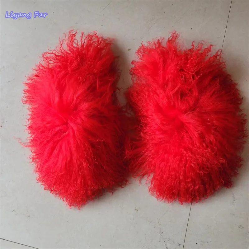 

Closed Toe Women Real Mongolian Sheep Fur Slippers Luxury Furry Fluffy Flat Slides Sliders With Long Curly Hairs