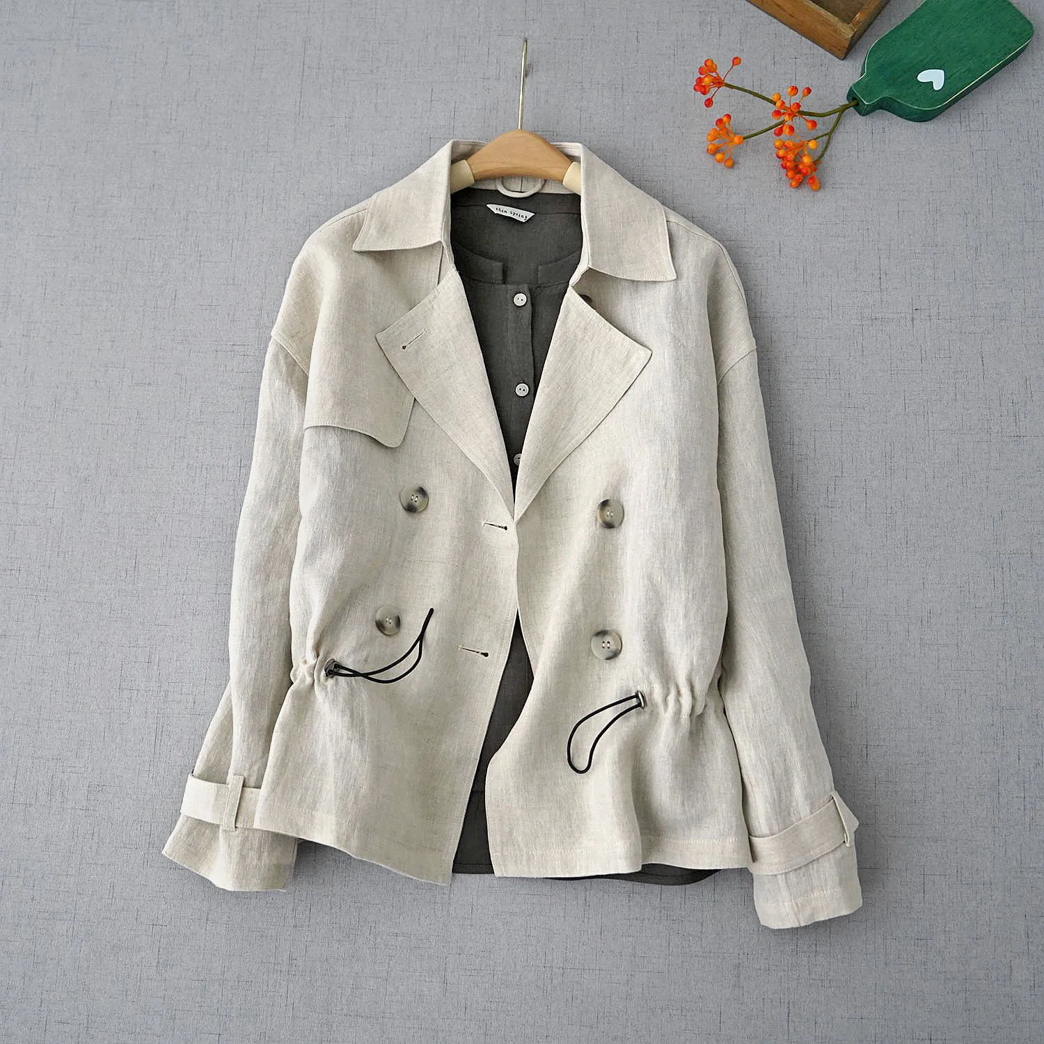 

106cm Bust / Spring Autumn Women All-match Simple Loose Plus Size Comfortable Water Washed Linen Short Trench Coats