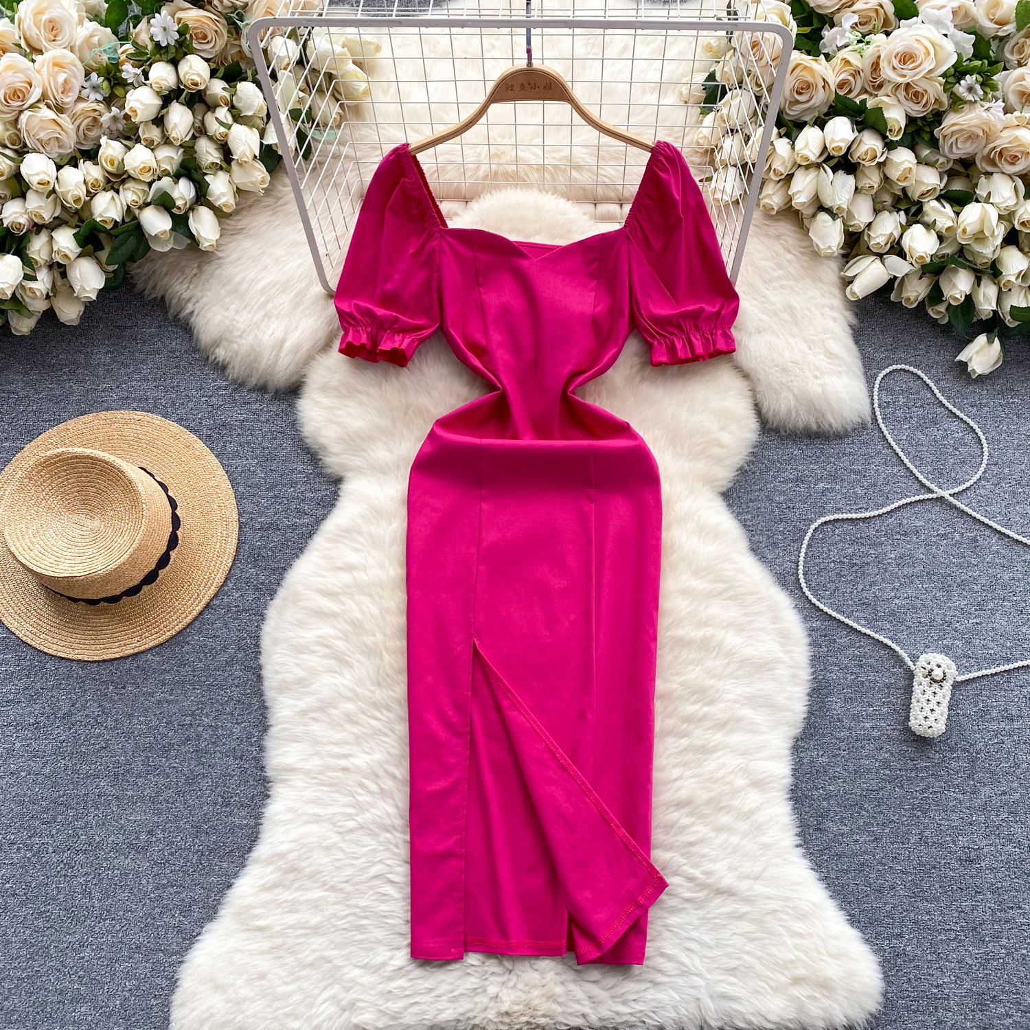 Retro Solid Pleated Elegant Backless split Dress basics Puff Sleeve Casual Square Neck High Waist Women Summer dresses
Retro Solid Pleated Elegant Backless split Dress basics Puff Sleeve Casual Square Neck High Waist Women Summer dresses