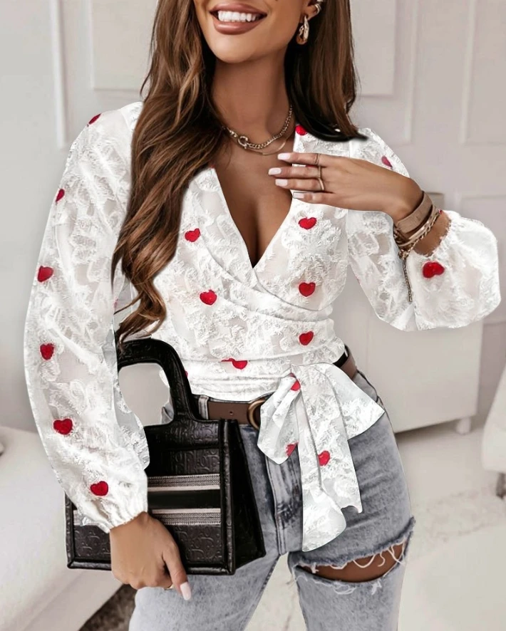 

2024 Women Blouse Elegant Long Sleeve Tops Tied Detail Female clothing Heart Floral Pattern Ruched Overlap Top Casual Slim Shirt