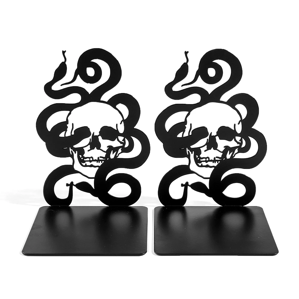 

2Pcs/1Set Punk Skull Skeleton Snake Bookends Hollow Metal Desktop Retractable Book Holder Decoration Book Rests Book Support