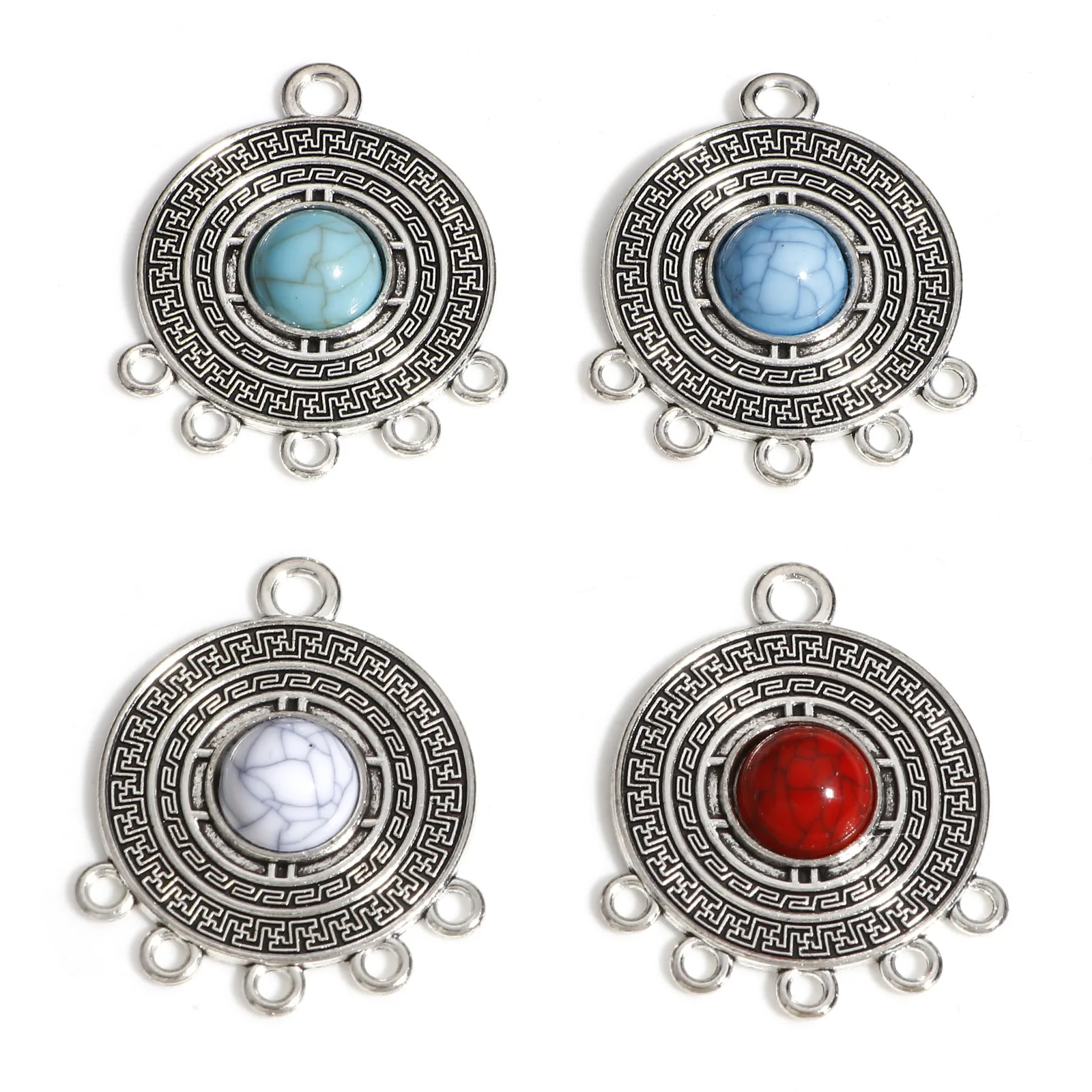 

2PCs Bohemia Connector Charms Antique Silver Color Round With Resin Cabochon Natural Stone Pendant Diy Necklace Earring Findings