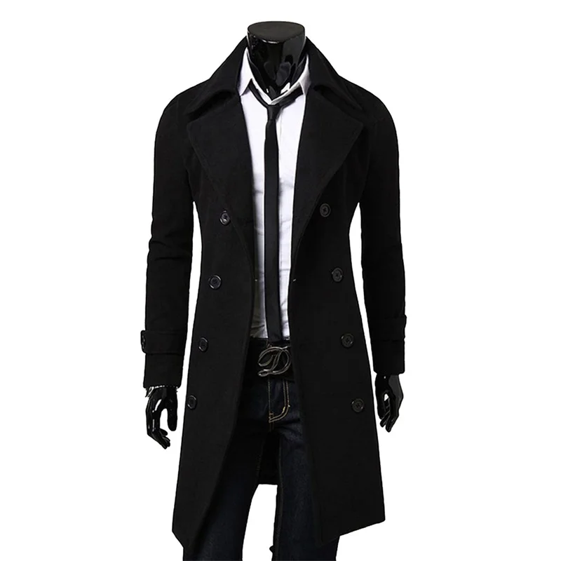 

Men's Double Breasted Windproof Cotton Coat Wool Blended Long Woolen Coat Slim Fitting Solid Color High-quality Business Coat