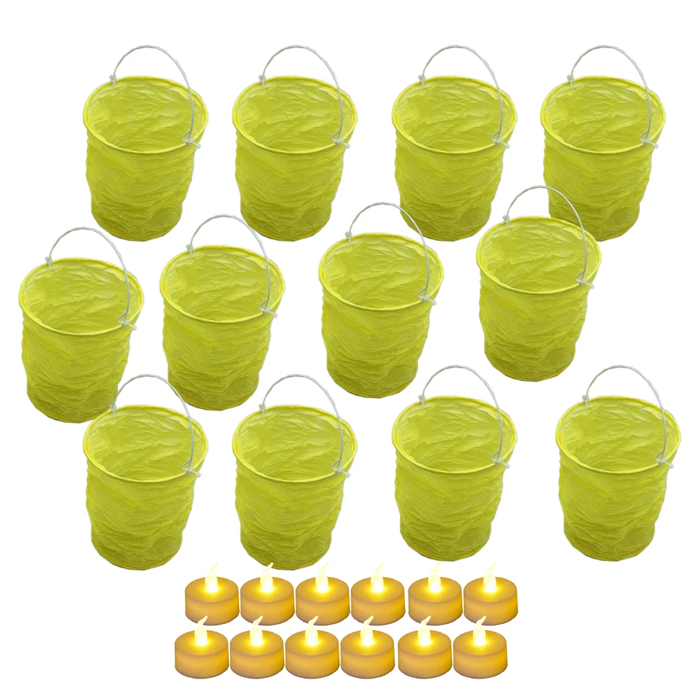 

12 Pcs Lemon Cylinder Paper Lantern with 12 Pcs Led Candle Light for Home Outdoor Party Wedding Event Hanging Pendent Decor