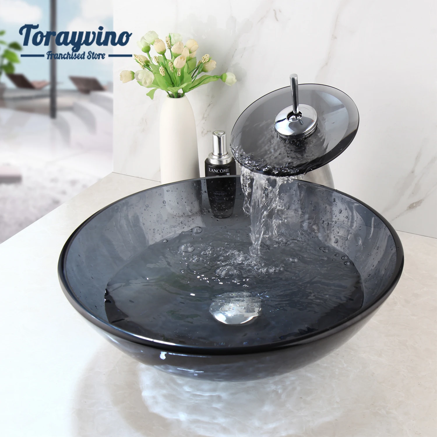 

Torayvino Bathroom Sink Basin With Handle Black Round Transparent Glass Basin Deck Mount Waterfall Hot Cold Water Mixer Taps Set