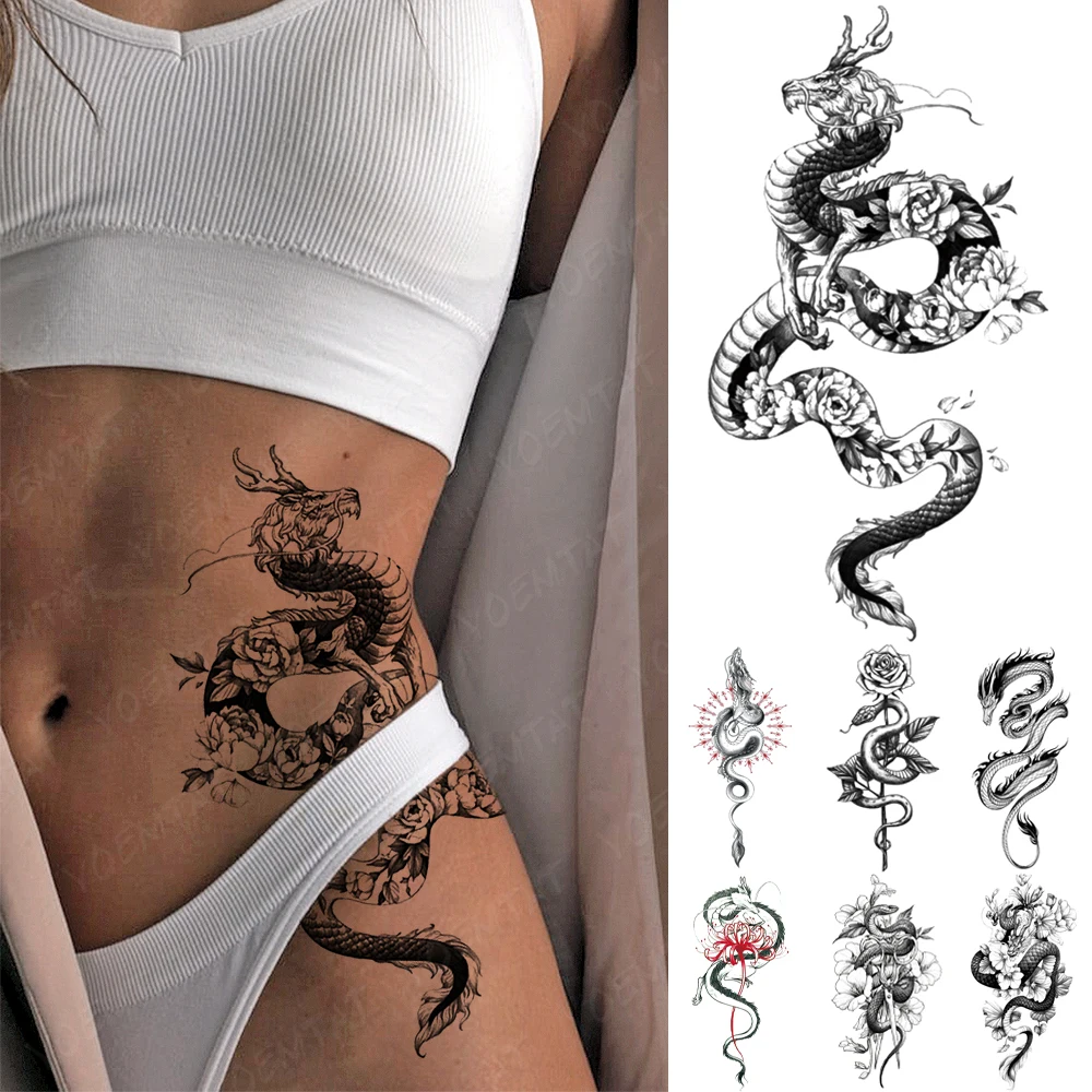 Waterproof Temporary Tattoo Sticker Black Dragon Snake Peony Rose Totem Flash Tatto Women Men Dark Sexy Waist Arm Fake Tattoos
Waterproof Temporary Tattoo Sticker Black Dragon Snake Peony Rose Totem Flash Tatto Women Men Dark Sexy Waist Arm Fake Tattoos