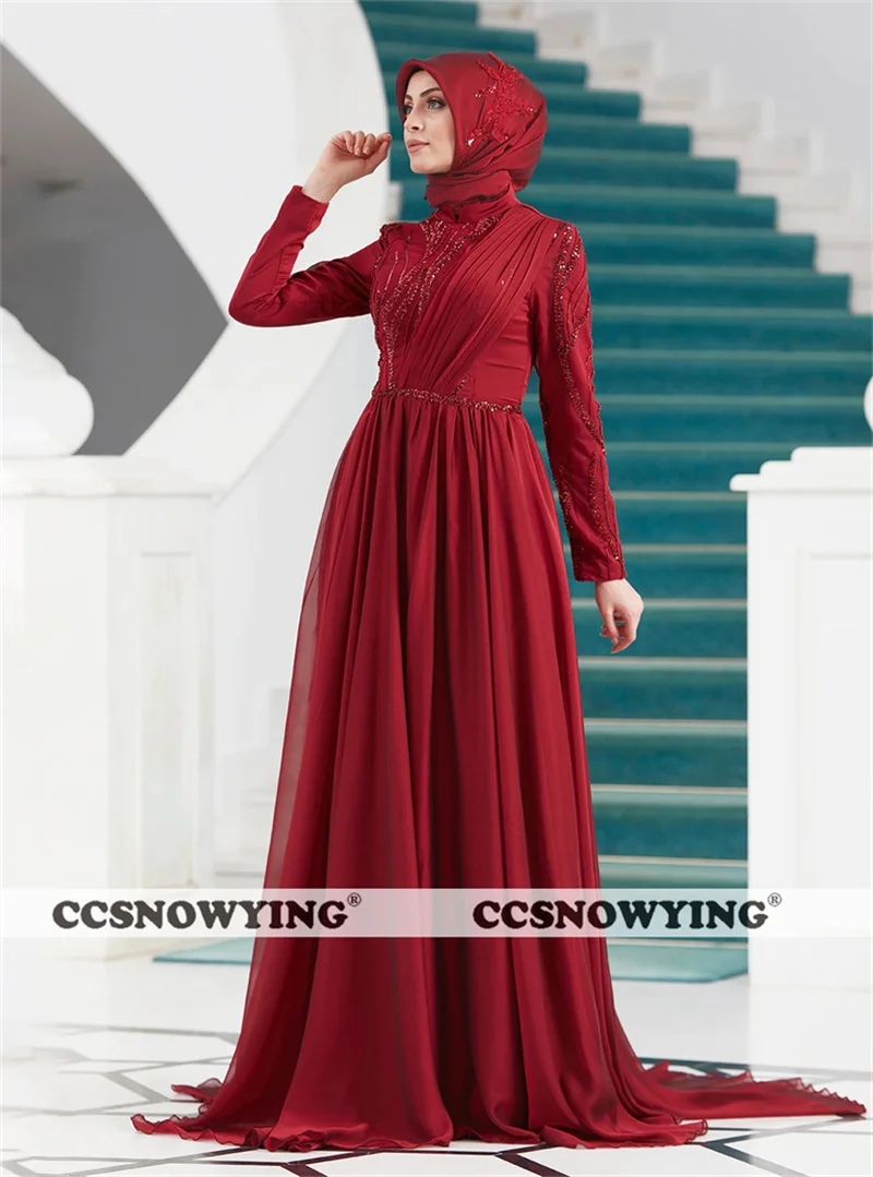 Burgundy Chiffon Appliques Beaded Muslim Evening Dresses Long Sleeve A Line Hijab Islamic Women Formal Party Gown Robe De Soiree
Burgundy Chiffon Appliques Beaded Muslim Evening Dresses Long Sleeve A Line Hijab Islamic Women Formal Party Gown Robe De Soiree