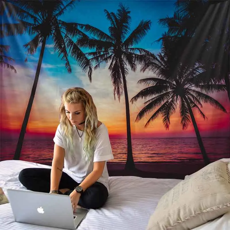 

Beautiful Seascape Coconut Tree Tapestry Sunrise Sunset Wall Hanging Psychedelic Home Decor Hippie Boho Yoga Mat Sheet Beach Mat