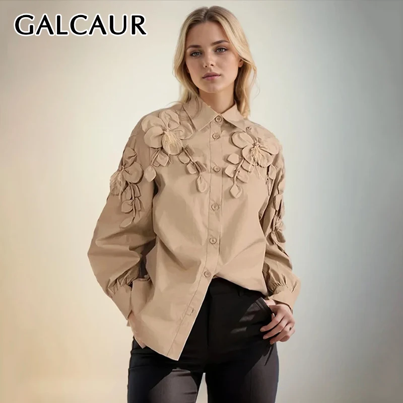 

GALCAUR Solid Patchwork Appliques Loose Blouses For Women Lapel Long Sleeve Spliced Single Breasted Fashion Loose Shirts Female