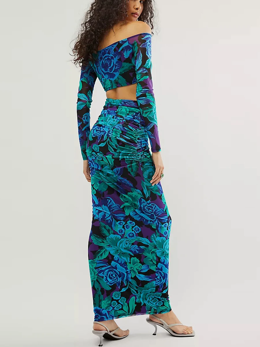 Women Skirt Set Flower Print Long Sleeve Off-shoulder Crop Top with High Waist Long Skirt Fall Outfit
Women Skirt Set Flower Print Long Sleeve Off-shoulder Crop Top with High Waist Long Skirt Fall Outfit