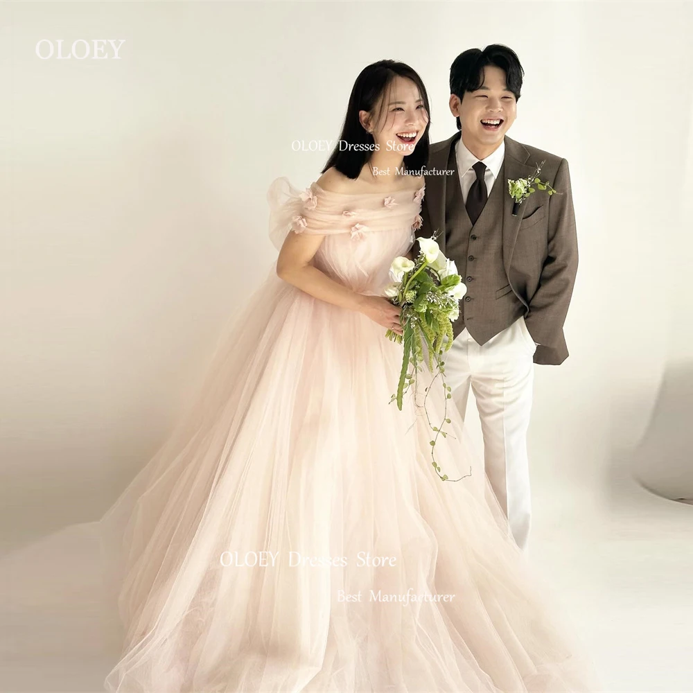 

OLOEY Fairy Blush Pink Tulle Wedding Dresses Korea Photoshoot Bolero Sleeveless Floor Length Bridal Gowns Corset Back Garden