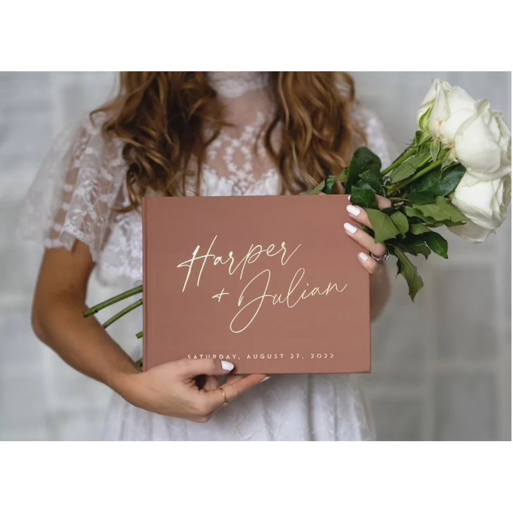 

Personalized Rustic Guestbook • Modern Wedding Guest Book • Photo Book • Gold Foil Hardcover Wedding Album • Horizontal Keepsake
